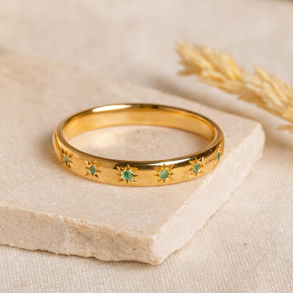 Star Elegant Emerald Wedding Band for Women – Yellow Gold Plated 925 Sterling Silver Ring | Minimalist Stacking, Engagement, Anniversary, Promise Gift