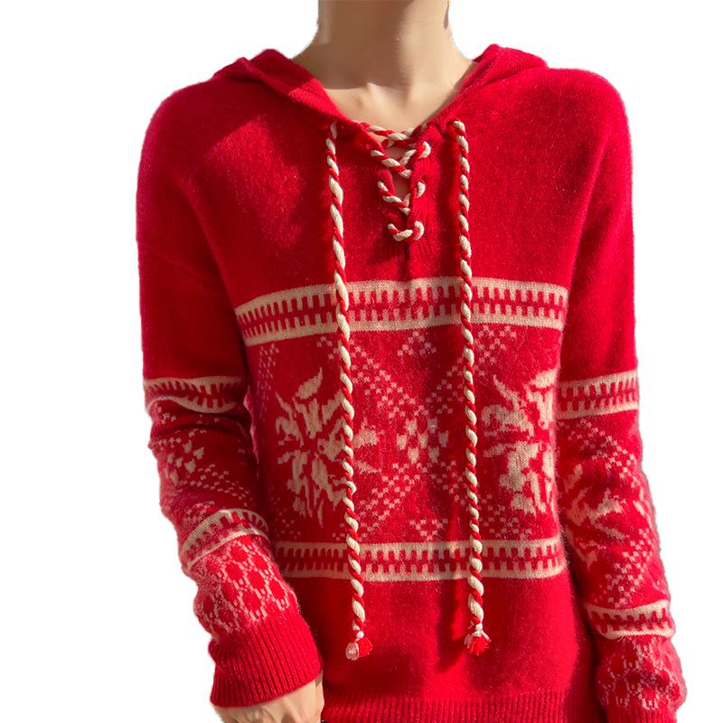 Women's 100% Pure Wool Color Block Hooded Pullover – Thickened Australian Knit Base Layer for Autumn/Winter