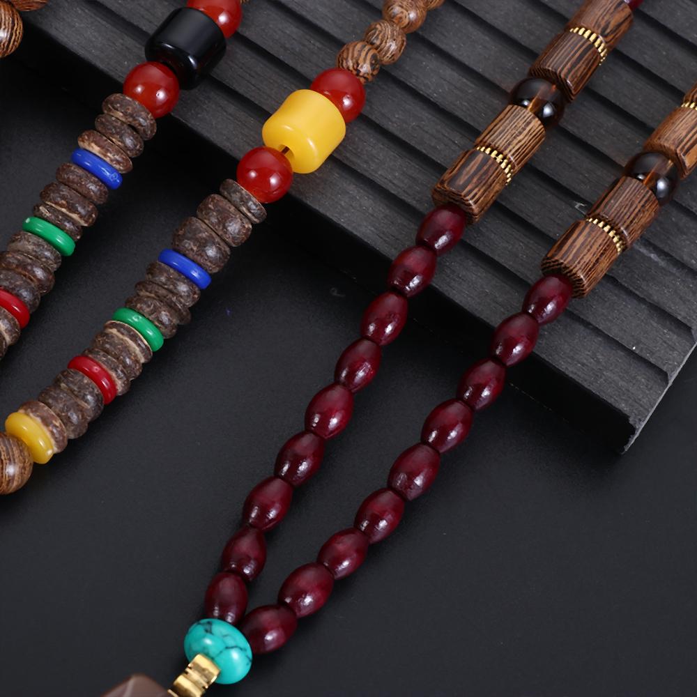 Boho Lucky Gift Party Handmade Mala Wood Bead Nepal Necklace Buddhist Horn Fish Pendant