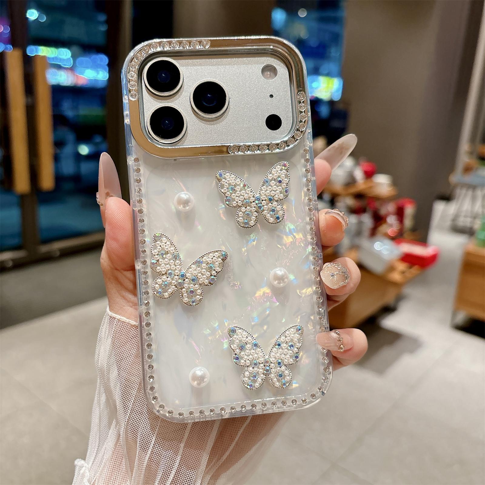 

Для iPhone 17 Pro Max Чохол Оболонка Текстура Метелик Перламутр Стрази Декор ПК + ТПУ Покриття для Телефона