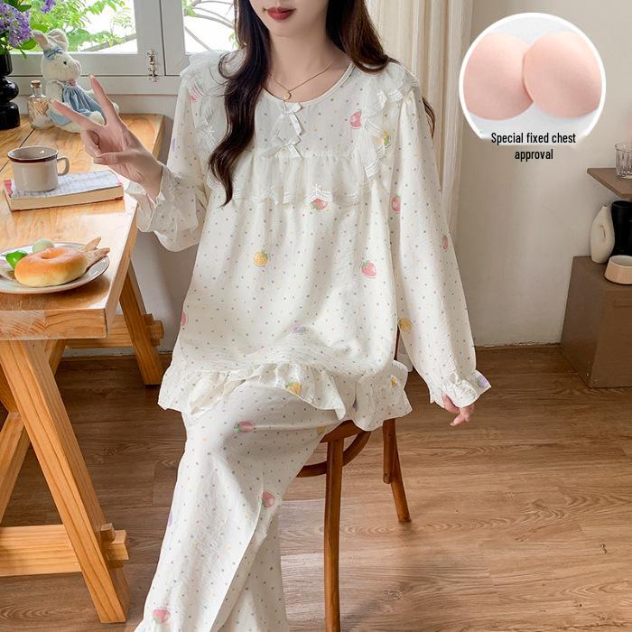 Women's Princess Style Cotton Pajama Set with Padded Bust - Lace Trim Long Sleeve for Spring/Autumn