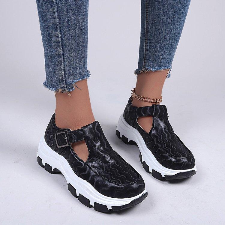 2025 new foreign trade thick-soled large-size women's shoes belt buckle hollow leather surface women's casual sports shoes 35-43