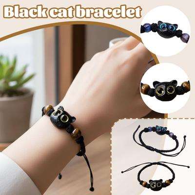 Handgefertigtes Strick-Paararmband mit schwarzen Katzen, vielseitig und größenverstellbar, handgefertigtes Armband als Geschenk für die Freundin, blauäugige Katzen