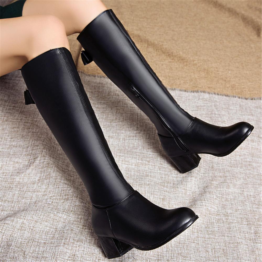 Fashion Autumn Winter Warm Over The Knee Boots Women Fashion Side Zipper High Heels Bow Ladies Soft PU Leather Long Botas Mujer Brown