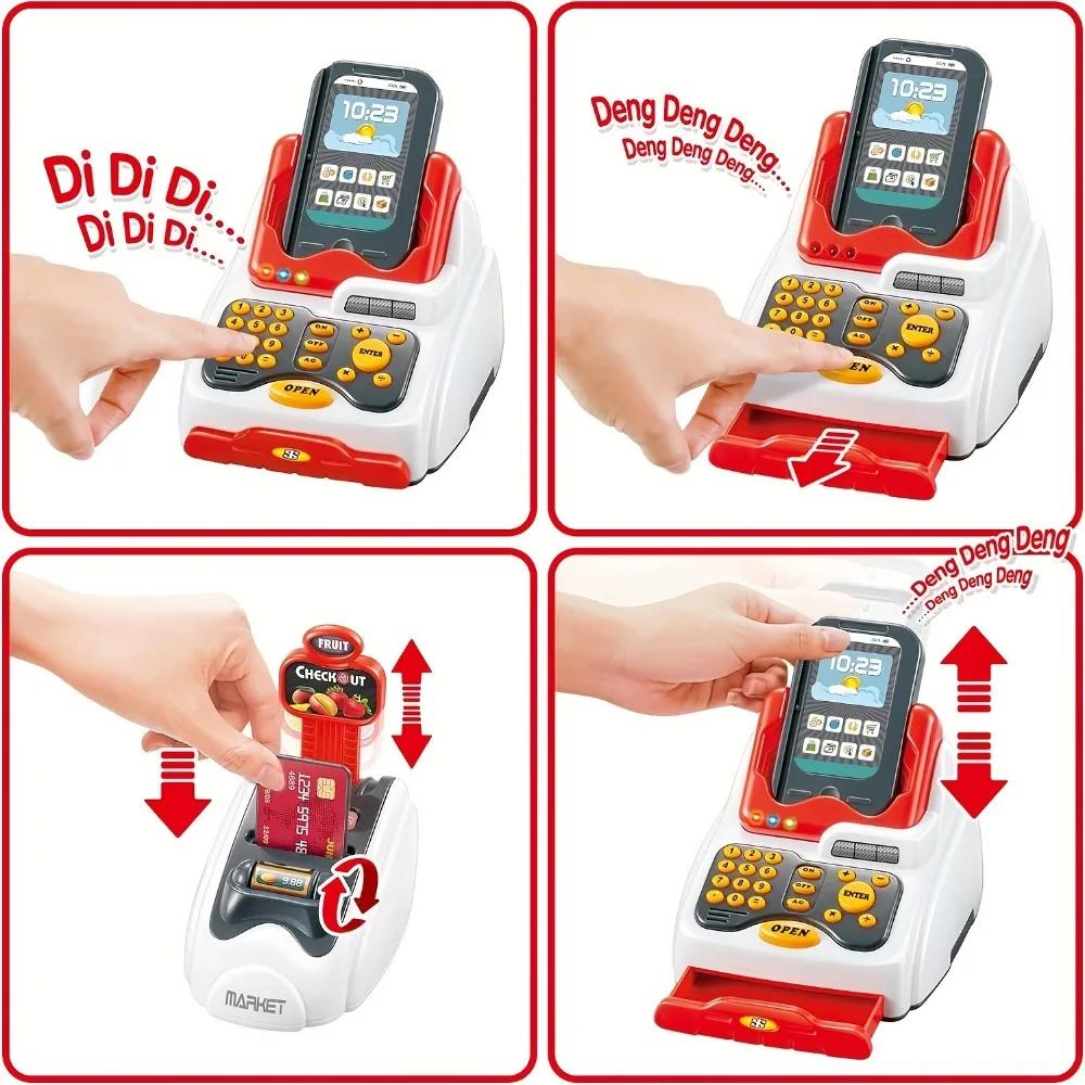 Toy 33Pcs Cash Register For Kids With Checkout Scanner Fruit Card Reader Credit Card Machine Play Money Food Shopping Play Set
