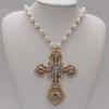 Victorian Gothic Punk Cross Necklace - Large White Pearl Vampire Pendant Diamond Jewelry