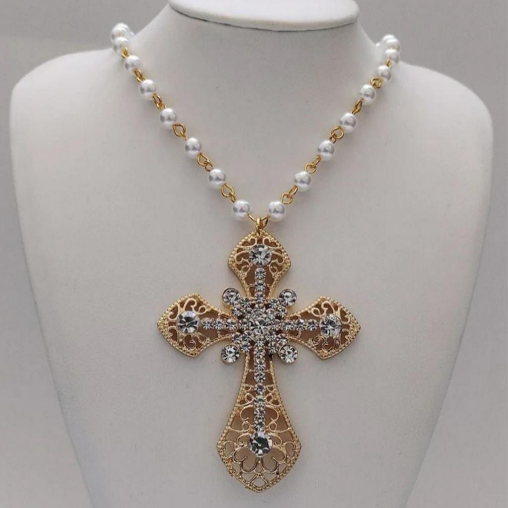 Victorian Gothic Punk Cross Necklace - Large White Pearl Vampire Pendant Diamond Jewelry