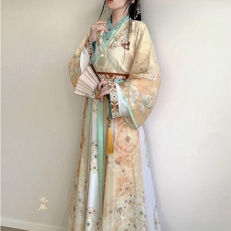 Chinese Jin Dynasty Style Hanfu, Cross-neck One-piece Waist-length Skirt, Daily Three-piece Set