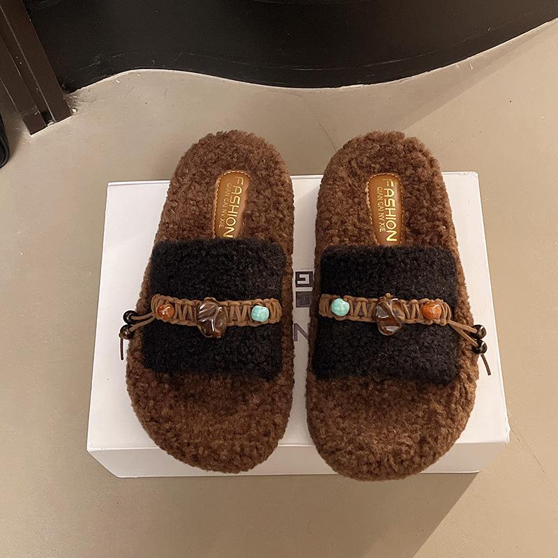 2025 New Autumn and Winter High-end Lamb Wool Thick-soled Wool Slippers for Women To Wear Super-hot Home Warm Cotton Slippers