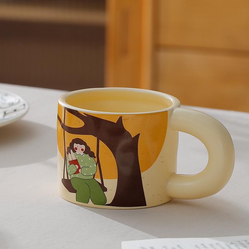 Cute Cup with Lid Creative Mug Ceramic Cup Personalized Couple Water Cup Household Trend Breakfast Cup Coffee Cup