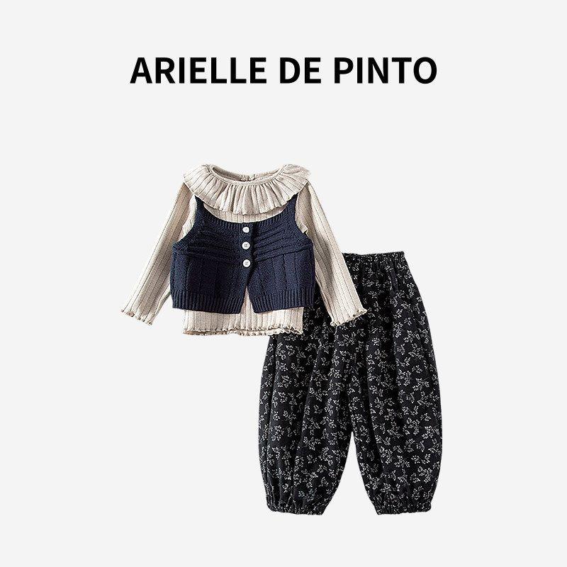French Arielle De Pinto Girls New Spring Outfit, Faux Two-Piece Set, Navy Blue Cartoon Vest T-Shirt Base Three-piece suit 90