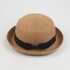 Parent-child Beach Hat Dome Curved Brim UV Protection Hat Handwoven Summer Outdoor Straw Hat with Black Satin Ribbon Bow