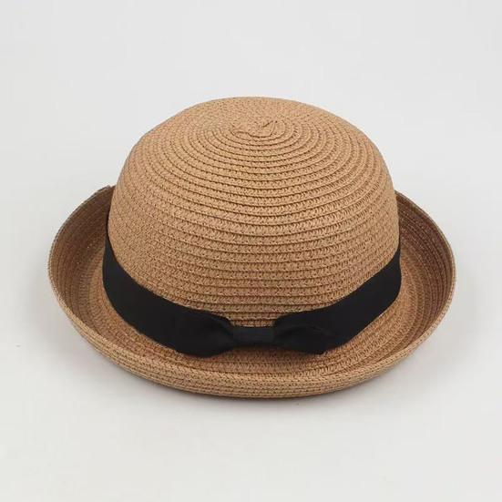 Parent-child Beach Hat Dome Curved Brim UV Protection Hat Handwoven Summer Outdoor Straw Hat with Black Satin Ribbon Bow