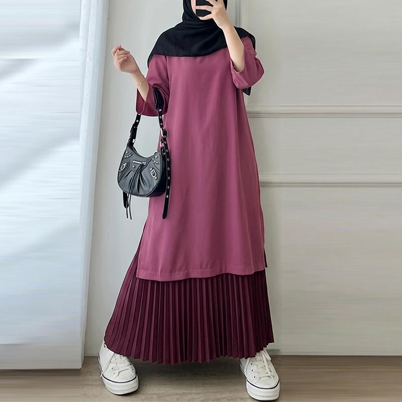 ZANZEA Women Muslim Casual Round Neck Nine Quarter Sleeve Pachwork Pleated Dress S