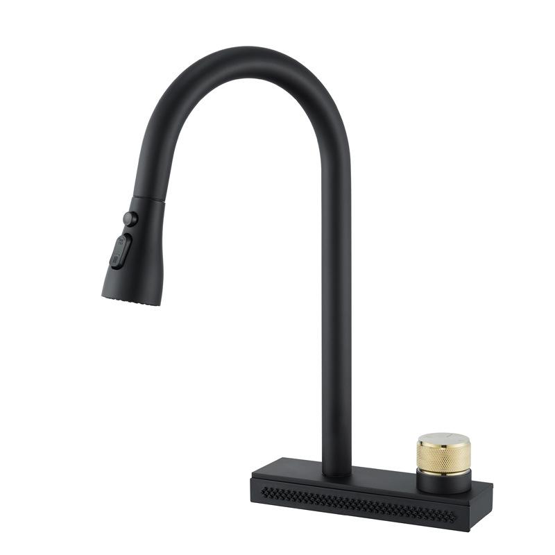 Gun Grey Pull Out Kitchen Sink Faucet Waterfall Water Single Hole Hot&Cold Mixed Basin Faucet Multi-functional Water Sink Tap