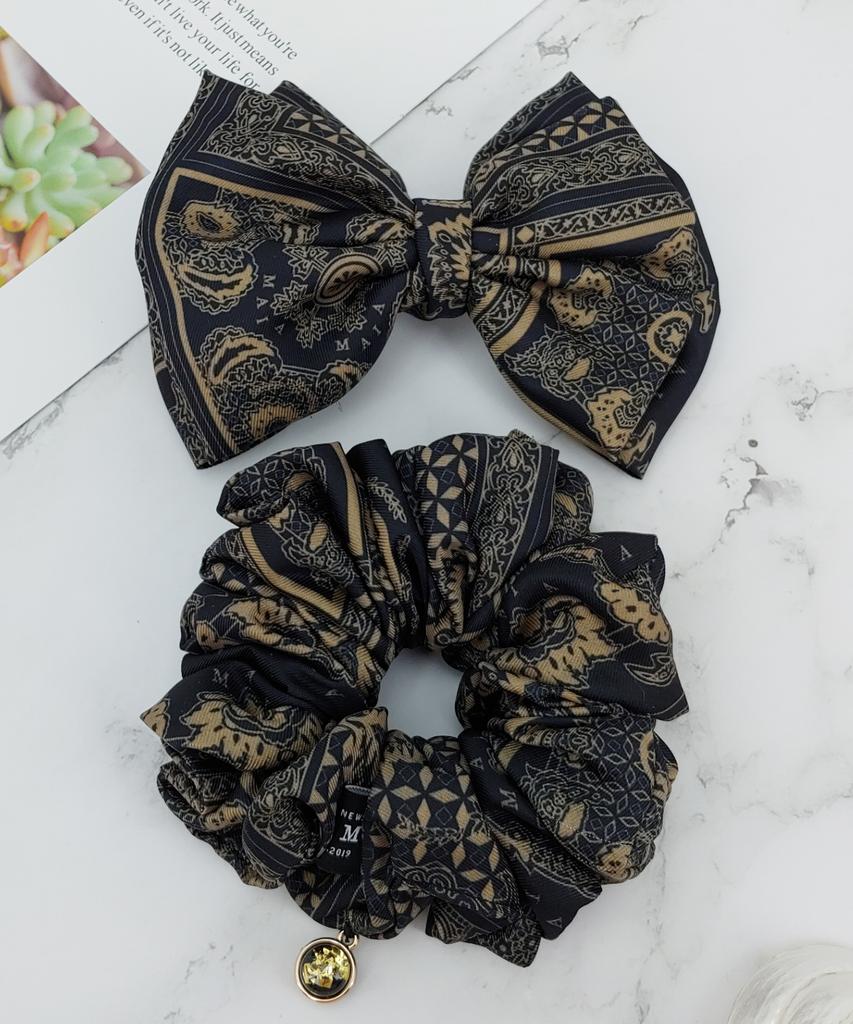 Maia Emblem Pattern Hair Scrunchie - Beige Bk