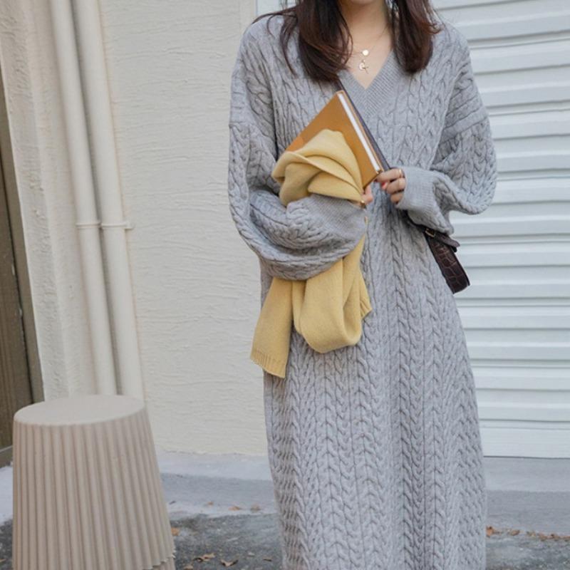 Autumn Lazy V-neck Twist Sweater Long Loose Over Knee Knitted Bottom Shirt Wear Dress