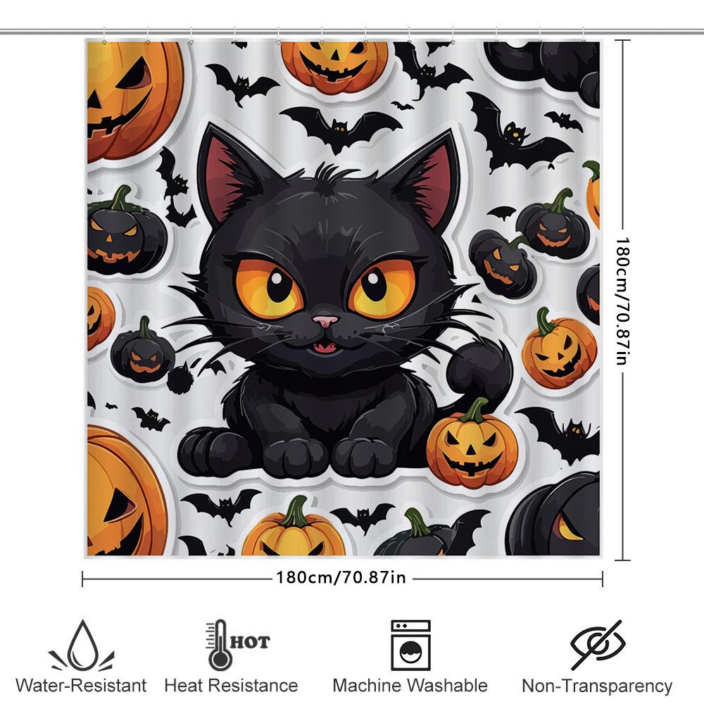 Halloween Decor Shower Curtain Set With Black Cat Pumpkin Bats Print Waterproof Fabric Bathroom Liner For Kids Gifts