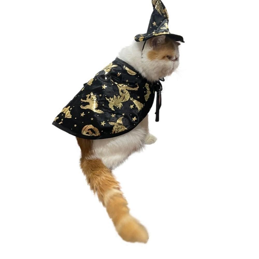 Black Gold Wizard Hat Cape Set Halloween Cat Dog Suit New Pet Cosplay Costume  Party Accessories