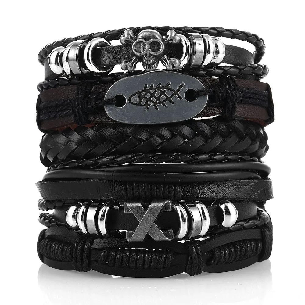 1 Mode-Armband Wikinger-Armband Für Männer Handgelenk-Armbänder Geflochtenes Totenkopf-Hand-Schmuckstück Verstellbares Leder-Set-Armband Für Leder