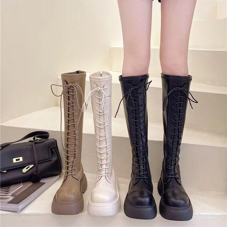 Boots Women's Knight Boots 2025 Autumn and Winter New White Platform Boots Thick Legs Lace-Up Tall Martin Boots