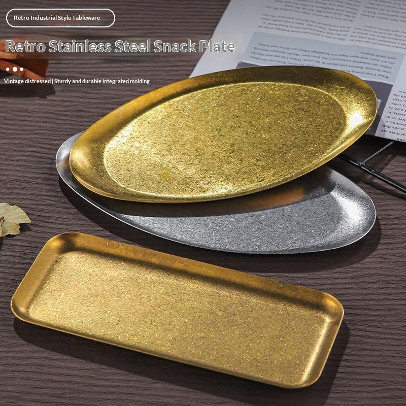 Retro Stainless Steel Trays, Sushi Plates, Snack Plates, Pastry Plates, Oval Shallow Trays, Industrial-Style Tableware