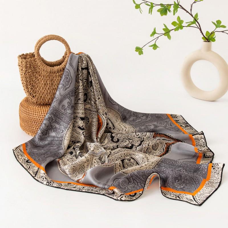 Womens Silk Scarf Gift Set Retro Ethnic Style Square 105x105cm Mulberry Shawl