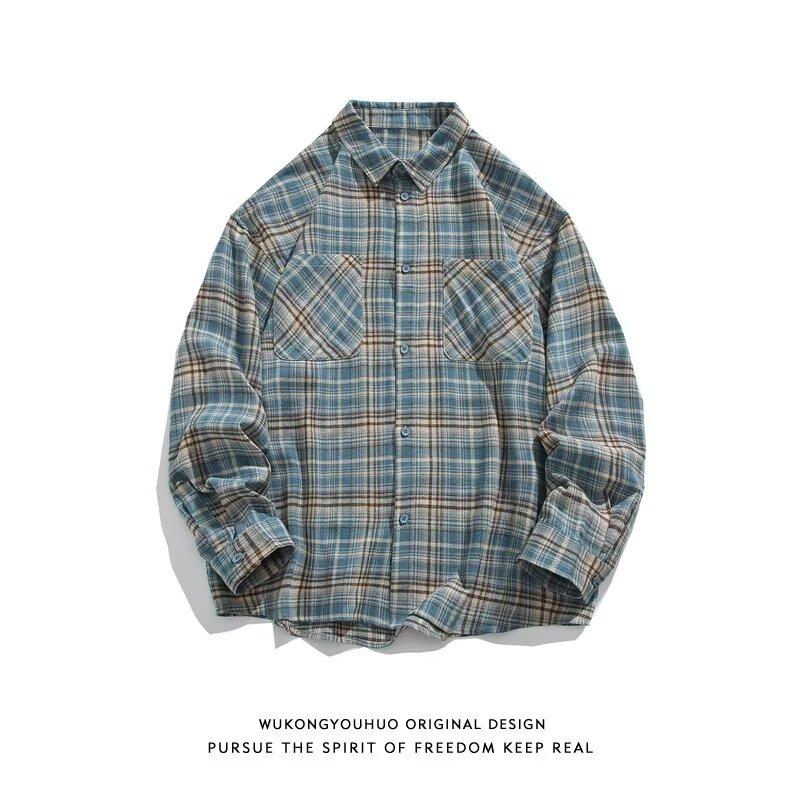 Shirt Long Sleeve Boys Spring New American Style Loose Lapel Plaid Shirt Vintage Trendy Casual Easy Matching Coat