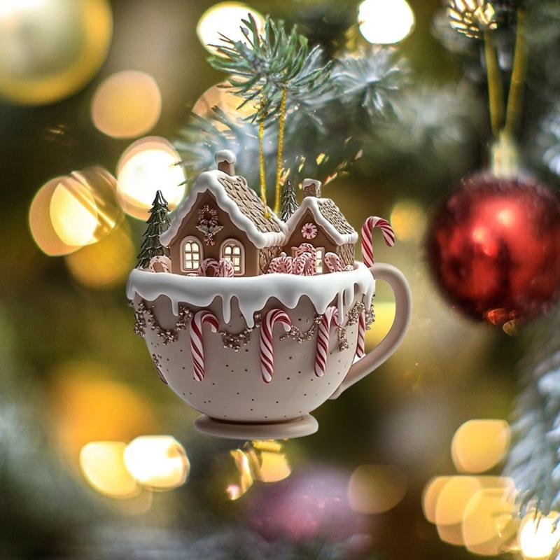 Acrylic Christmas Tree Ornament Cottage Warm Little Coffee Cup Hanging Decoration For Home Coffee House Plant