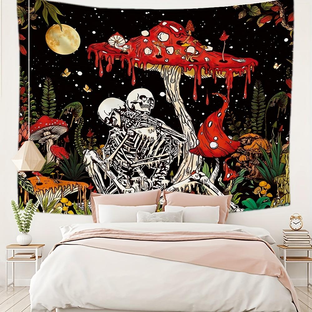 Romantic Skeleton Couple & Magic Forest Tapestry - Vibrant Mushroom, Butterfly & Starry Night Design
