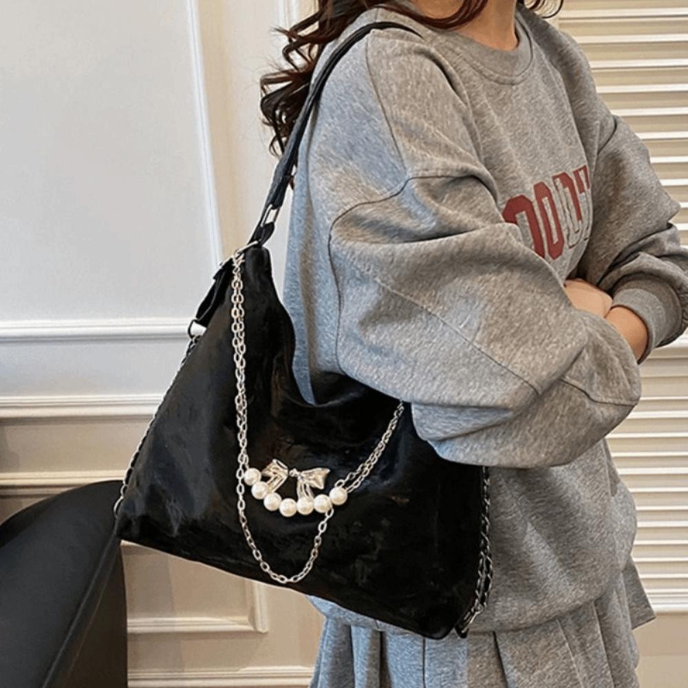 Retro Women's Shoulder Bag PU Leather Lightweight Student Tote Bag Large Capacity Butterfly Pearl Chain Convertible Backpack