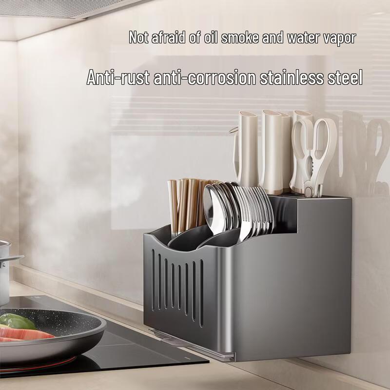 White Drill-Free Wall-Mounted Kitchen Organizer with Double Knife & Chopstick Holders