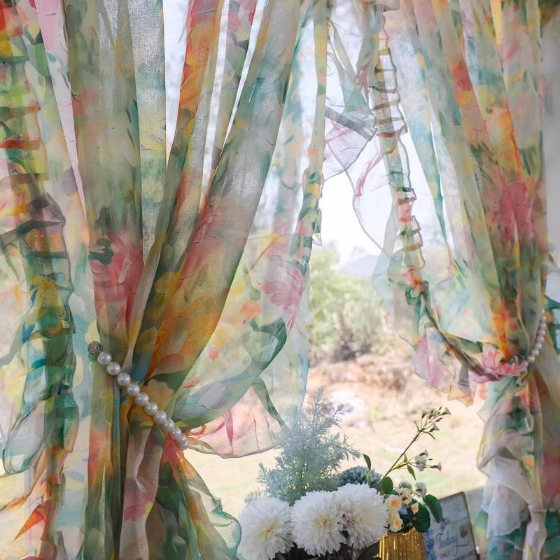 Romantic Floral Sheer Curtains for Girls Bedroom, Vintage Printed Light Filtering Privacy Semi-Sheer Sweet Ruffle Edge Curtains 2 Panels, Rod Pocket