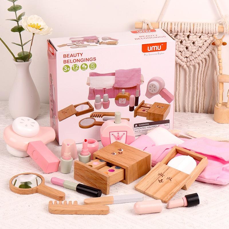 Wooden Dressing, Playing House, Simulation Cosmetics, Toy Set, Hair Dryer, Comb, Lipstick, Girl