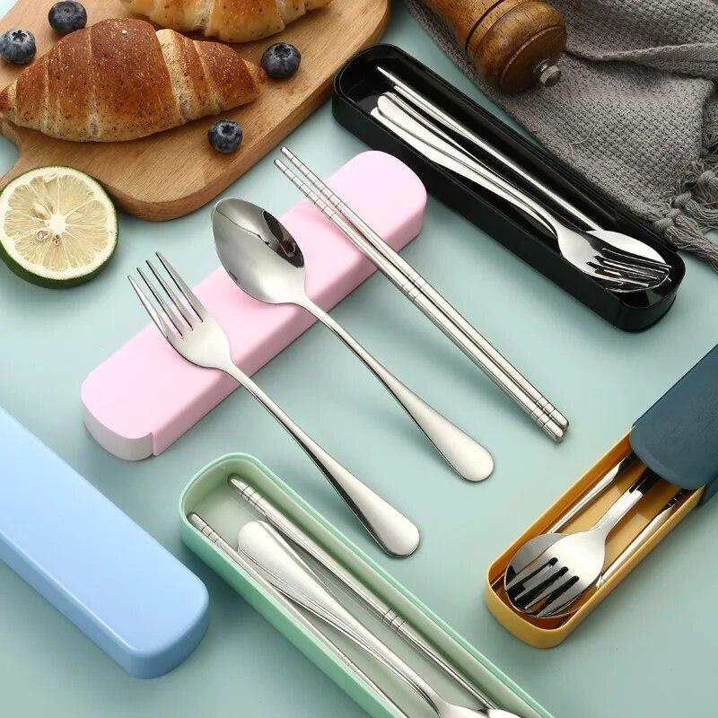 1 set de uz casnic din oțel inoxidabil portabil, bețișoare, linguri, furculițe, set de două/trei piese cu cutie