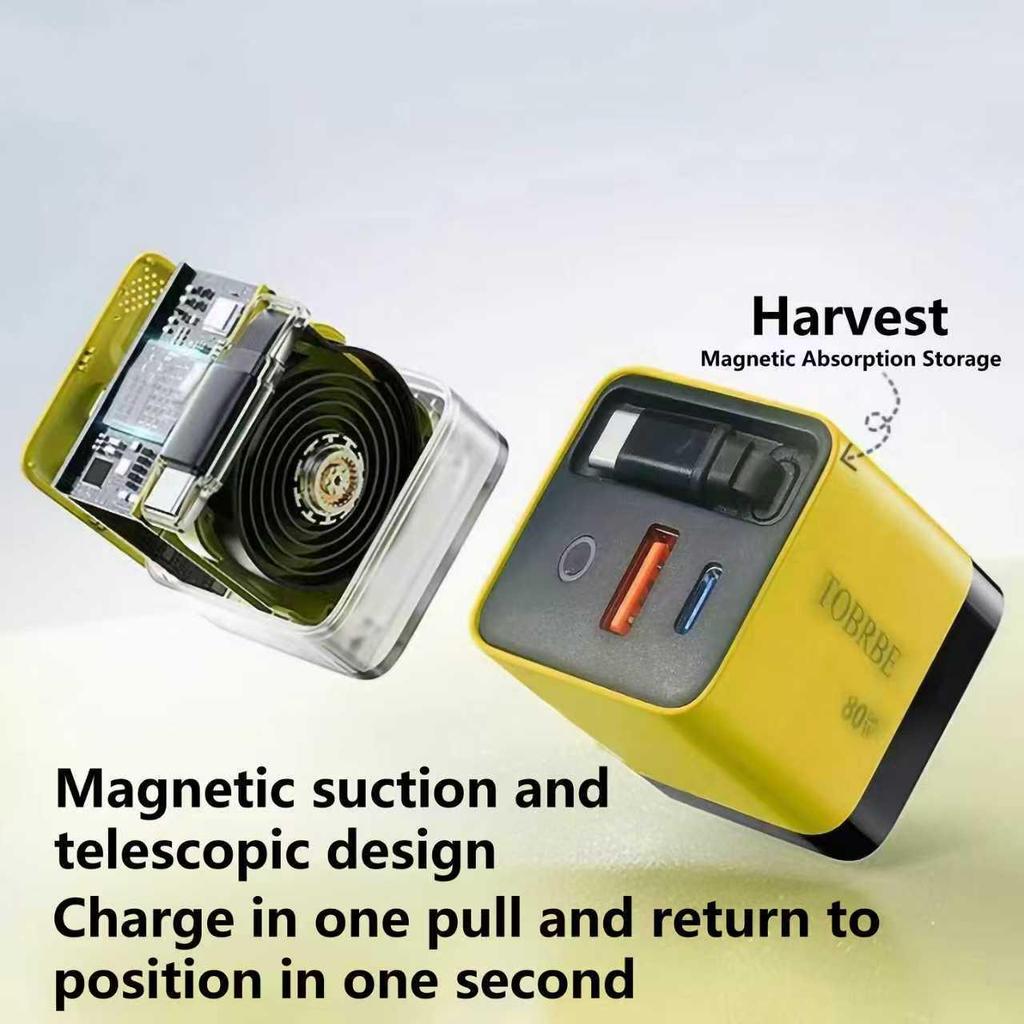 Dual Port Foldable GaN Charger with Retractable Cable for Fast Charging Apple, Huawei, Xiaomi Devices