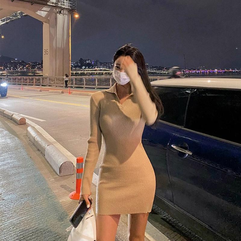 Autumn New Polo Collar Long Sleeve Women Knitted Dress Vintage Elegant Slim Fit Winter Base Sweater Dresses Women Casual High Waist Black Dress 25967