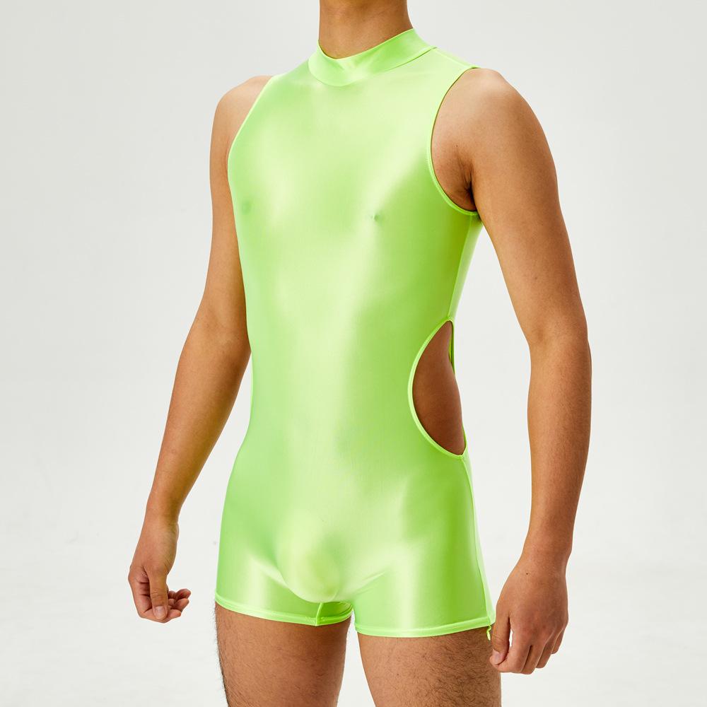Sexy Herren-Einteiler Ausgeschnittenes Bodysuit Unisex Strumpfhose Elastisches Leotard Öl Glänzend Glatt Leotard Formgebender Jumpsuit