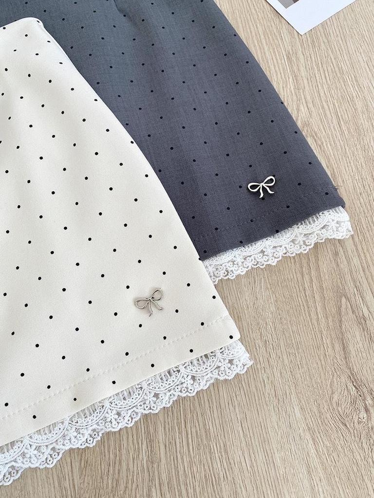 Polka Dot Lace Trim A-Line Midi Skirt, Spring/Summer 2025 Fashion, Petite High-Waist Hip-Hugging Fit