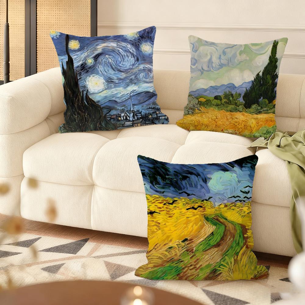 V-Van Gogh Oil Painting Cushion Cover Soft Short Plush Pillow Cover Smooth Cozy Texture Aesthetic Cushion Case Home Decor