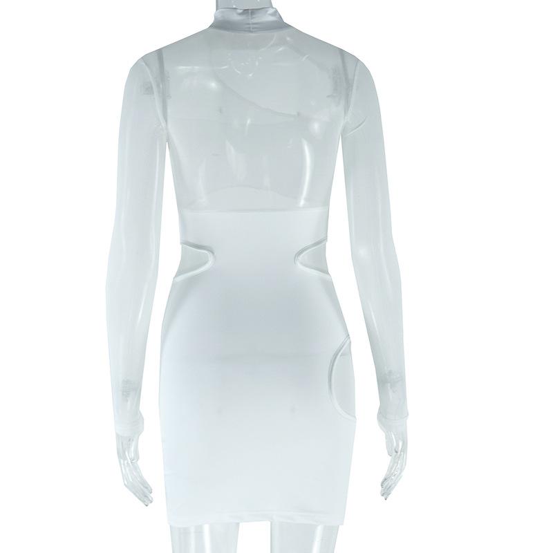 Europäischer und Amerikanischer Stil Modisches Damenkleid in Unifarbe, Sexy Ausschnittkleid, Netzspitze, Hüftbetonender Rock