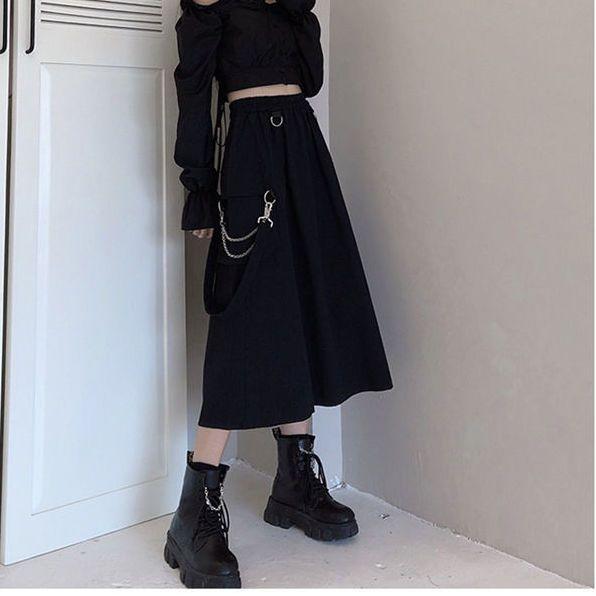 Student Gothic Long Techwear Skirts Women Grunge Punk High Waist Chain Pocket Strap Black Cargo Skirts Goth Harajuku Streetwear