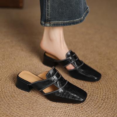 Mode NEU Sommer Damen Pantoletten Echtes Leder Schuhe für Damen Geschlossene Zehenpartie Klobiger Absatz Slipper Prägnante eckige Zehenpartie Handgefertigt Moderne Sandalen