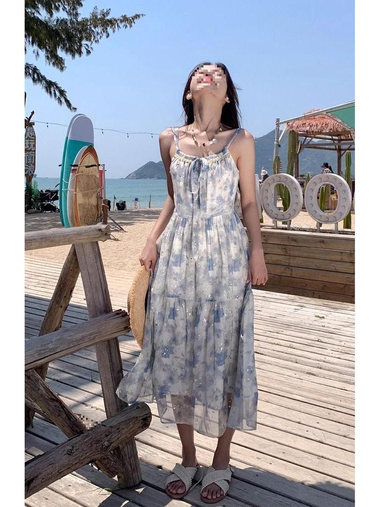 Elegant French Style Floral Spaghetti Strap Long Dress - Summer Slimming Resort Wear