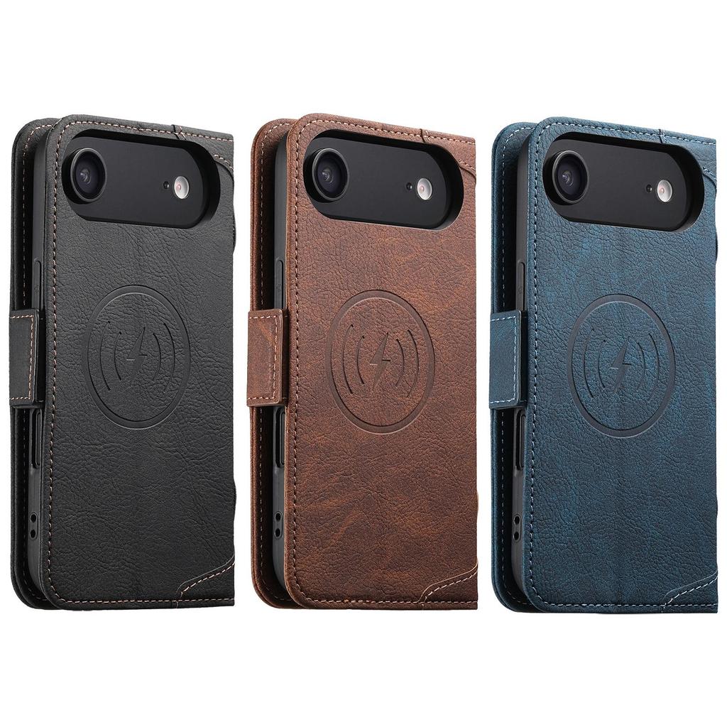 iPhone 17 Pro/Samsung Magnetic Leather Flip Case with Wireless Charging, Card Slot, and Stand