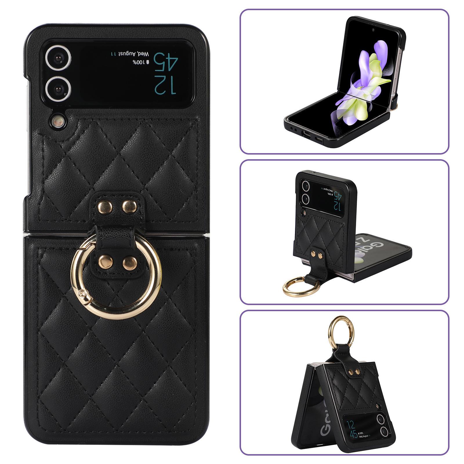 

ZFlip7 Hardware Ring Holder Phone Case for Samsung Galaxy Z Flip 7 6 5 4 3 Diamond Grid Leather Anti Fall Protective Hard Cover Galaxy Z Flip6 чёрный