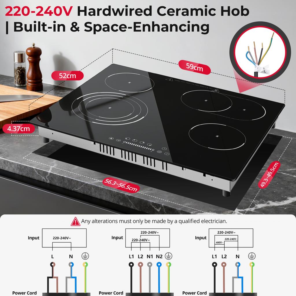 60 cm Glass Ceramic Hob 4 Plates, 4 Hobs with Oval Zone and Tri-Circle Zone, 6700 W Hob 4 Plates 59 Cm, 9 Heat Settings, Touch