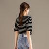RAIN.CUN Women's Relaxed V-Neck Striped Faux Two-Piece T-Shirt