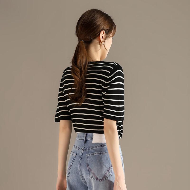 RAIN.CUN Women's Relaxed V-Neck Striped Faux Two-Piece T-Shirt