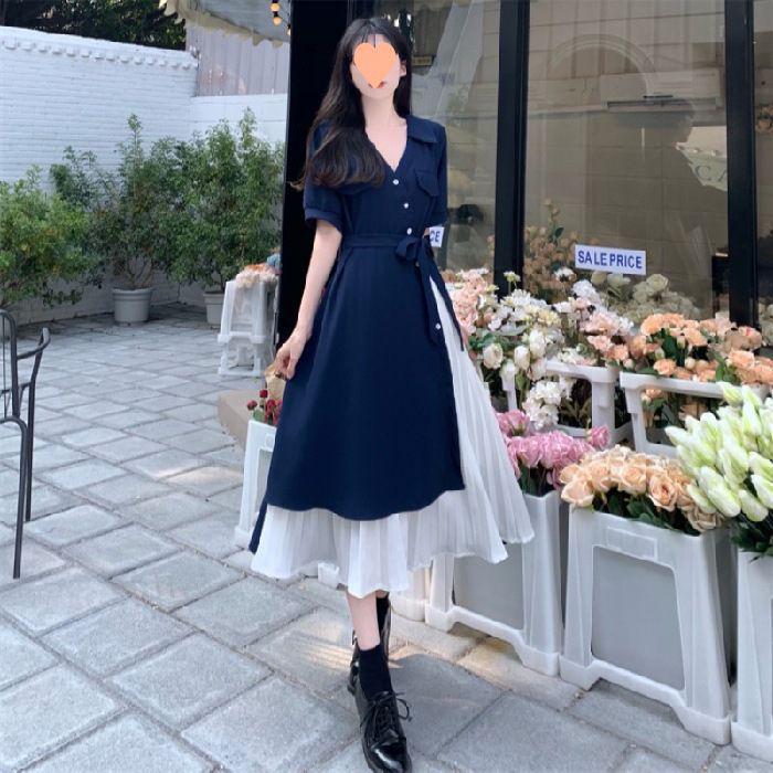 Women s Summer V-Neck Maternity Shirt Dress - French Style, Waist-Cinching, Two-Piece Look M темно-синий